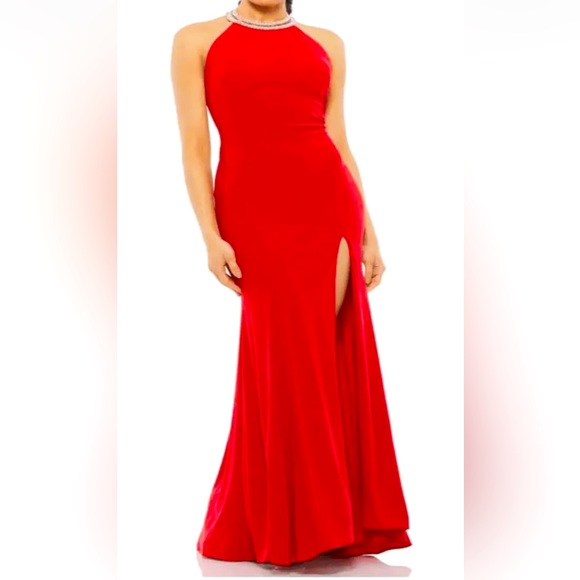 Mac Duggal Beaded Halter Neck Sleeveless Thigh High Slit Open Back Detail Gown - Picture 1 of 9
